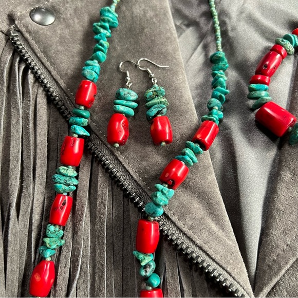 Real Turquoise Red Coral Necklace Bracelet Earring 3 pc set blue green handmade - Picture 5 of 16